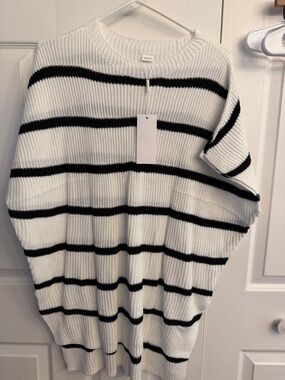 Striped Crewneck Sweater Dress in White & Black